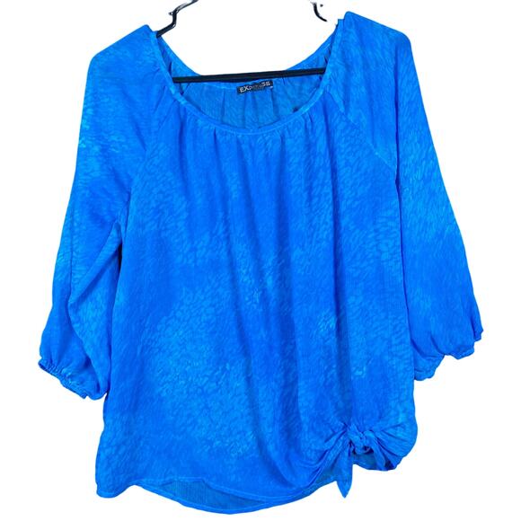 Express Womens Blouse Blue Lightweight Sheer Peasant 3/4 Sleeve Polyester Small - Picture 1 of 13